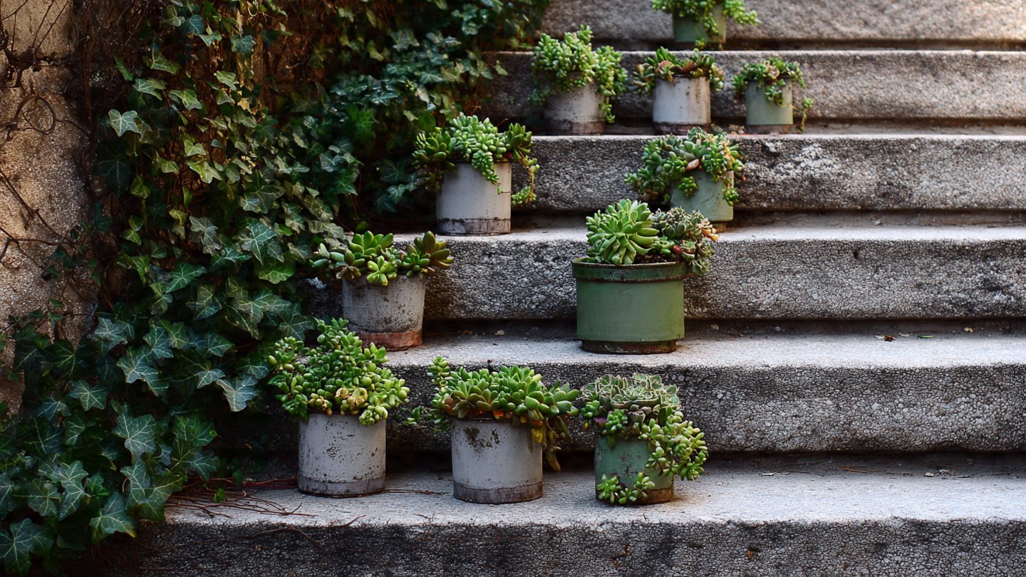 How Can You Transform Your Stairs with Small Potted Succulents and Ivy?